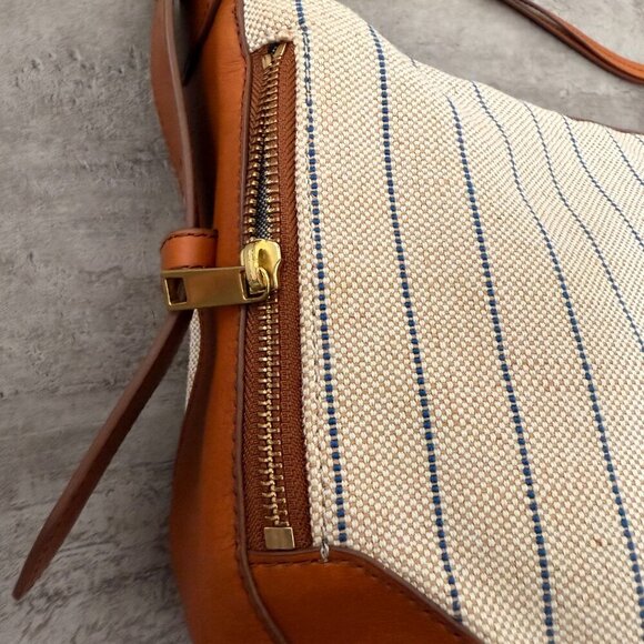 FOSSIL Tan W/ Blue Stripes HANNAH HOBO Canvas & Leather Shoulder Bag - Picture 8 of 16